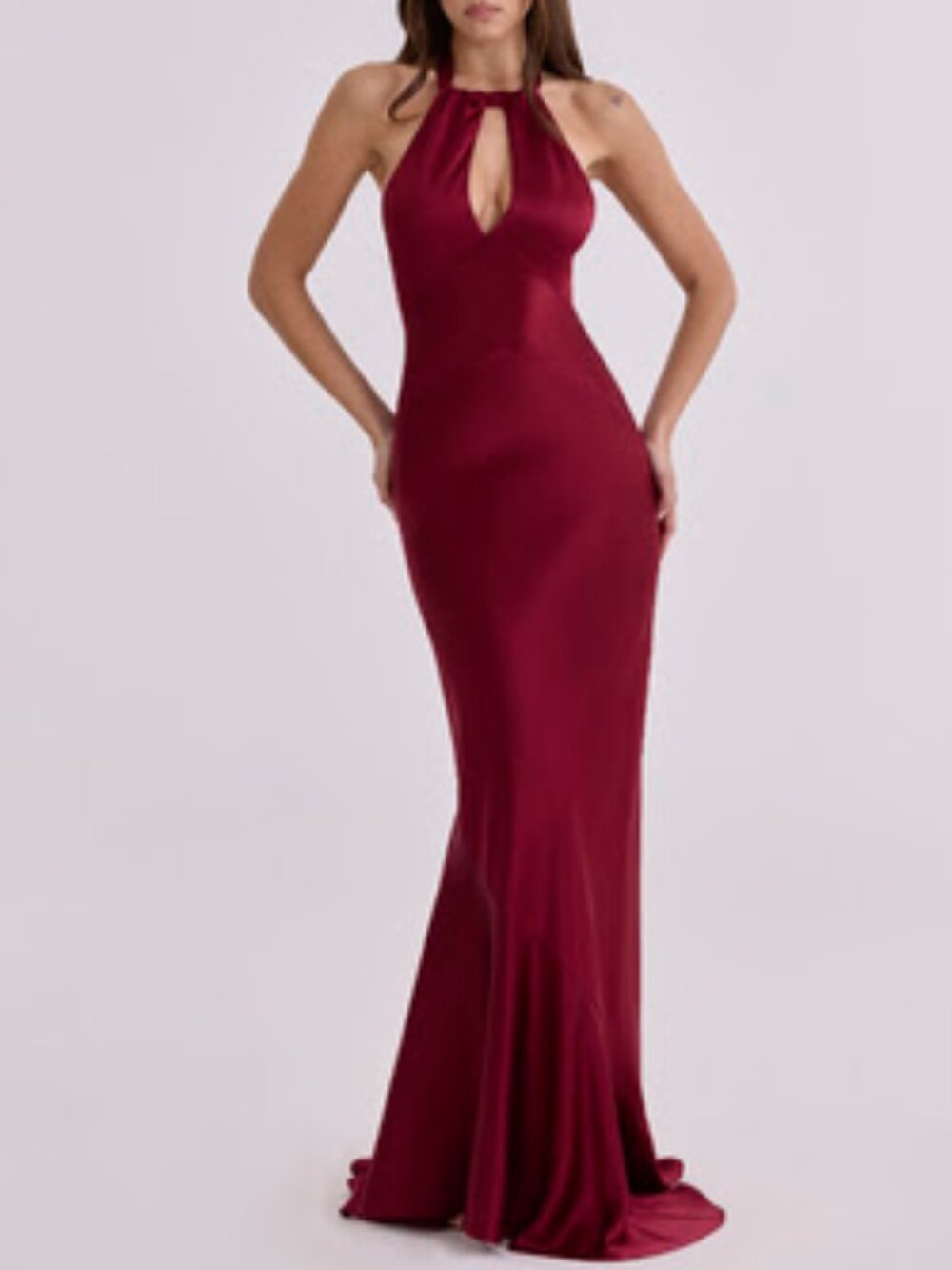 House of CB 'Oliviana' Wine Satin Halter Maxi Dress - Size L+